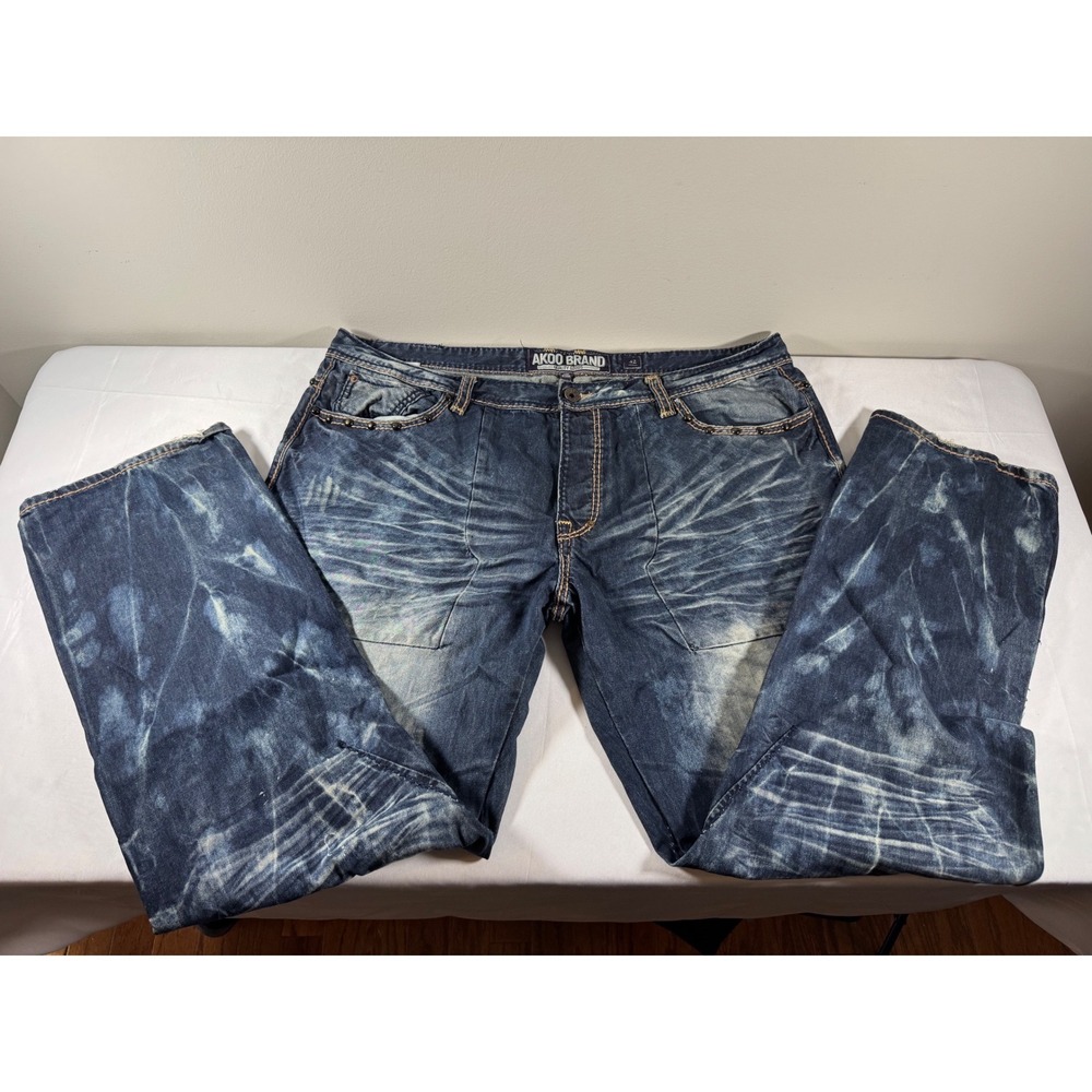 AKOO Brand Mens Acid Wash Distressed Denim Jeans Blue Size 42 Streetwear
